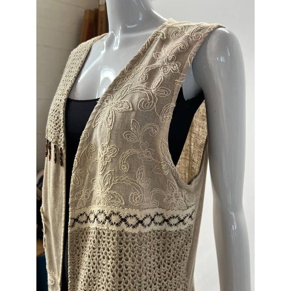 Vintage Megan Moore Womens Open Vest Beige Floral Crochet Embroidered USA 10 - Picture 8 of 12